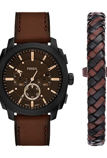 Machine 44mm Chronograph Brown Leather Watch and Bracelet Set