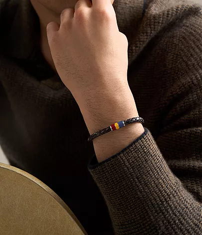Everett Enamel Brown Leather Station Bracelet - Image 2